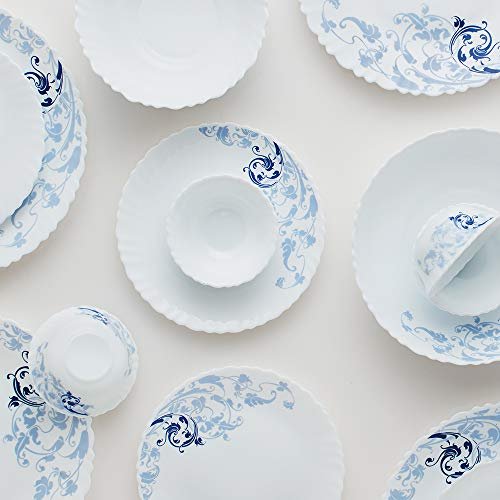 Larah by BOROSIL Opalware Dinner Set - 19 Pieces, White, Blue Eve Silk